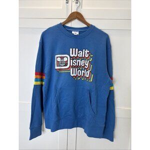 Walt Disney World Retro Blue Crewneck Rainbow Sweatshirt front pockets SIZE Med